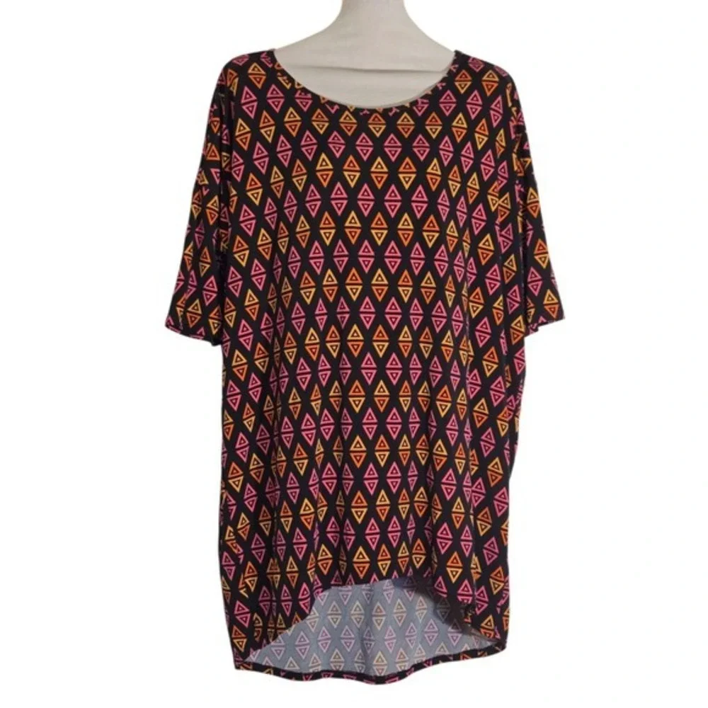 Womens Geometric Print Tunic Top Asymmetrical‎ Hem Short Sleeve Burgundy Orange